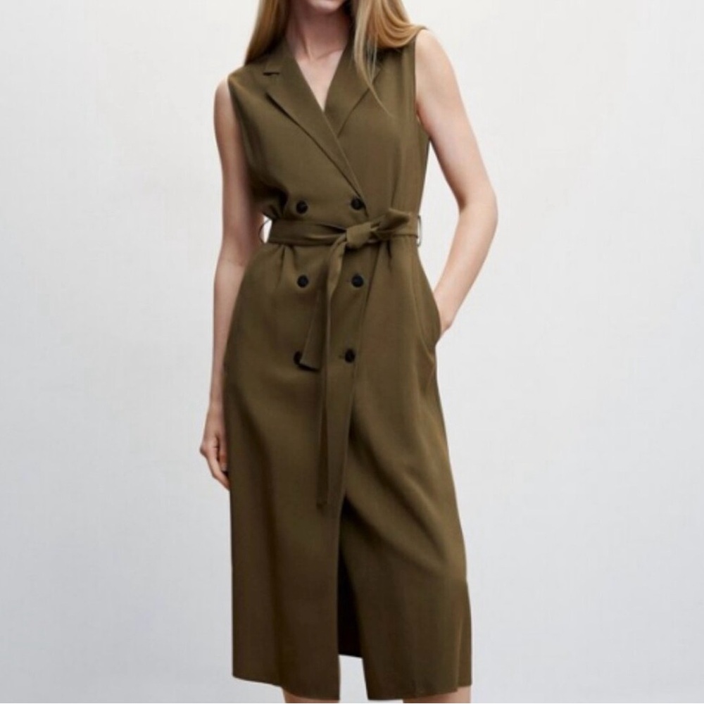Mango Sleeveless Olive Green Midi Dress